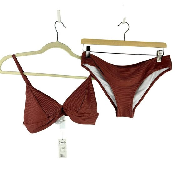 NEW Cupshe Ribbed Triangle 2 Piece Bikini Women Medium Brown Solid Vacation - Picture 5 of 13
